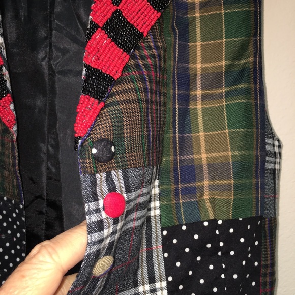 ZOOG Tuxedo Vest Red Black Beaded Collar Patchwork - Picture 3 of 8